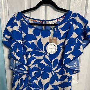 Umgee Blue and Cream Leaf Print Blouse